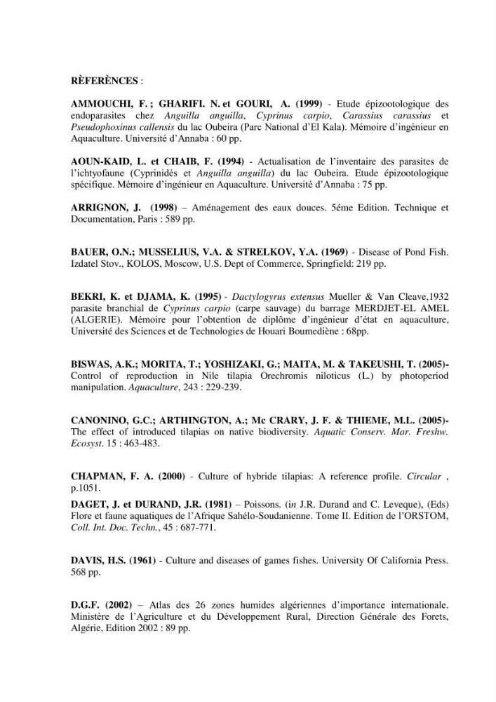 Investigation préliminaire sur la parasitofaune de trois cichlides d\'Algérie
