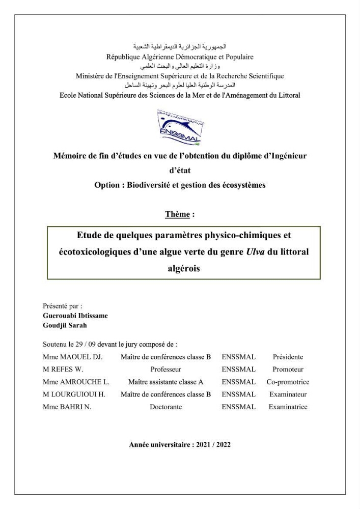Etude de quelques paramètres physico-chimiques et ecotoxicologiques d\'une algue verte du genre Ulva du littoral Algérois