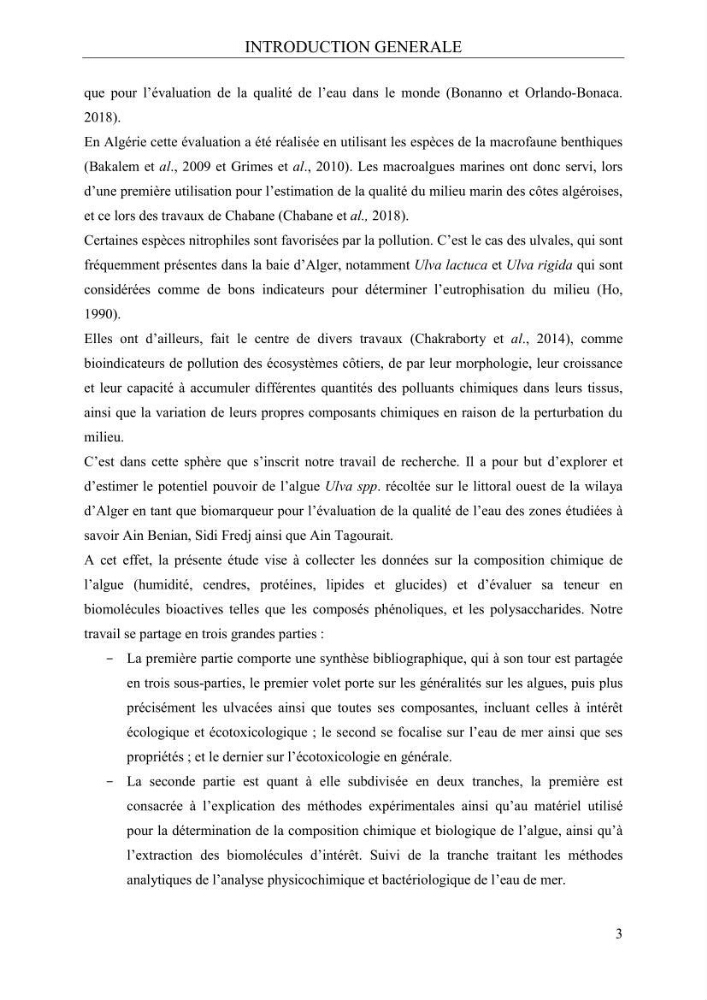 Etude de quelques paramètres physico-chimiques et ecotoxicologiques d\'une algue verte du genre Ulva du littoral Algérois