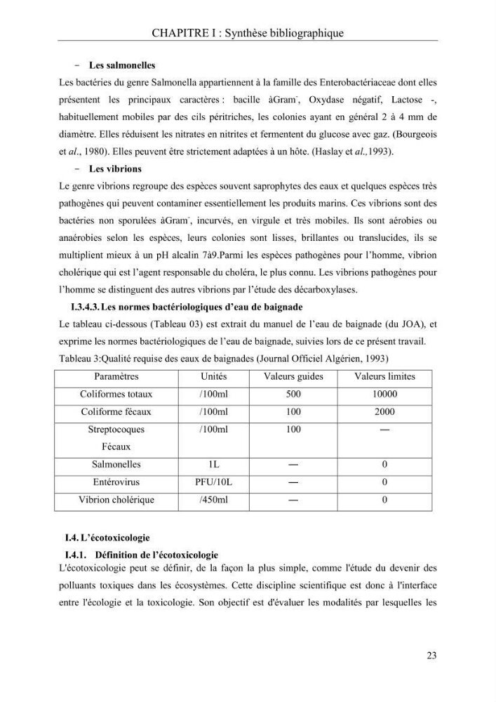 Etude de quelques paramètres physico-chimiques et ecotoxicologiques d\'une algue verte du genre Ulva du littoral Algérois