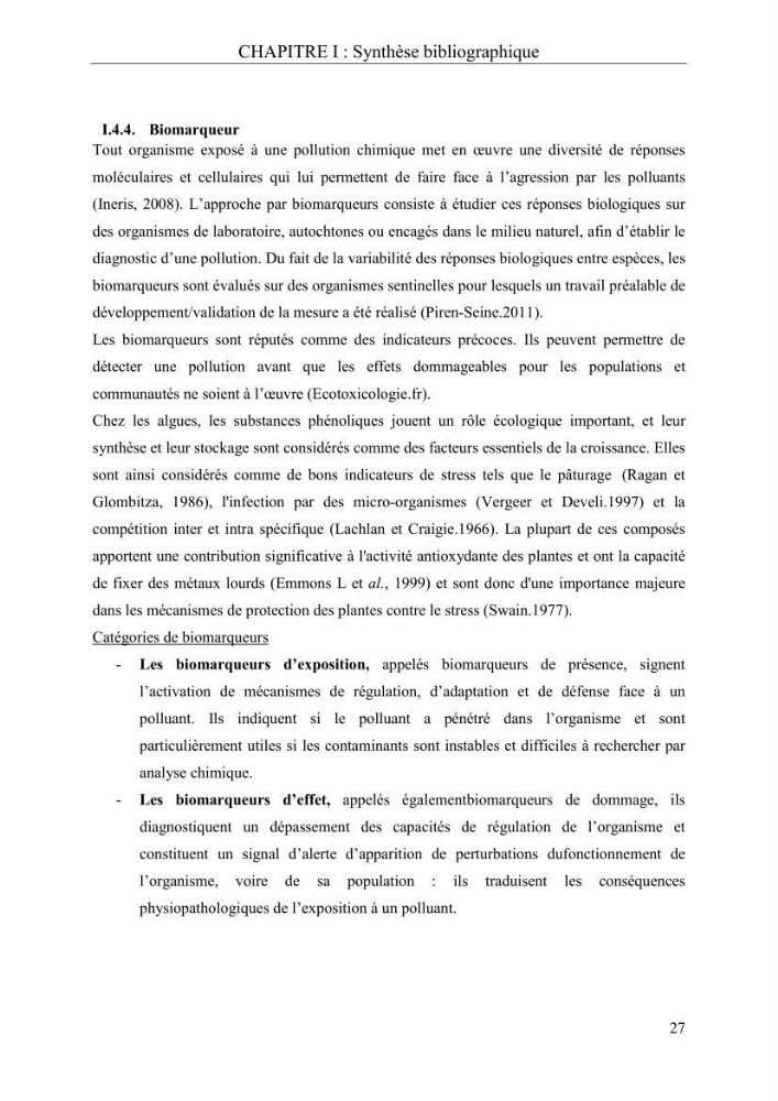 Etude de quelques paramètres physico-chimiques et ecotoxicologiques d\'une algue verte du genre Ulva du littoral Algérois