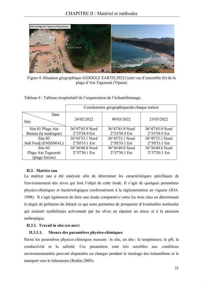 Etude de quelques paramètres physico-chimiques et ecotoxicologiques d\'une algue verte du genre Ulva du littoral Algérois