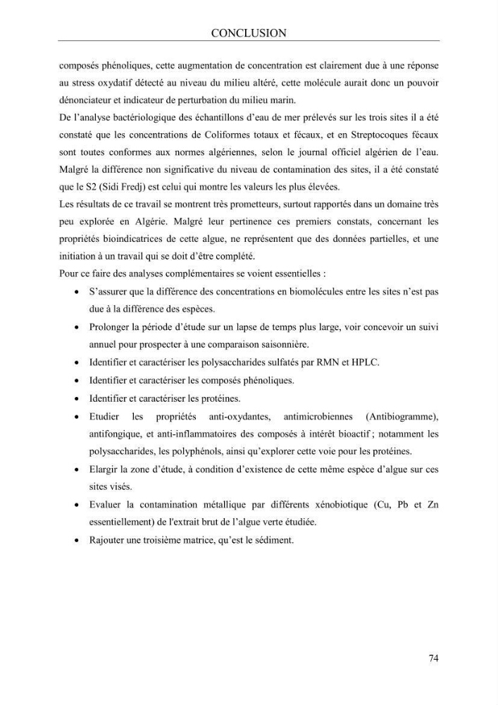 Etude de quelques paramètres physico-chimiques et ecotoxicologiques d\'une algue verte du genre Ulva du littoral Algérois