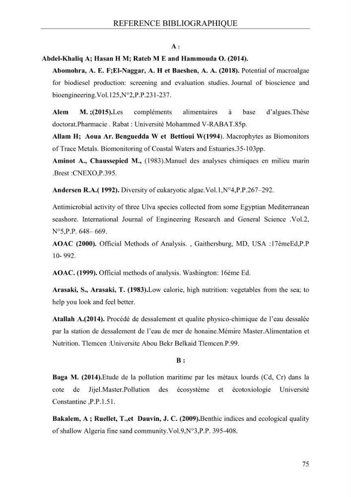 Etude de quelques paramètres physico-chimiques et ecotoxicologiques d\'une algue verte du genre Ulva du littoral Algérois