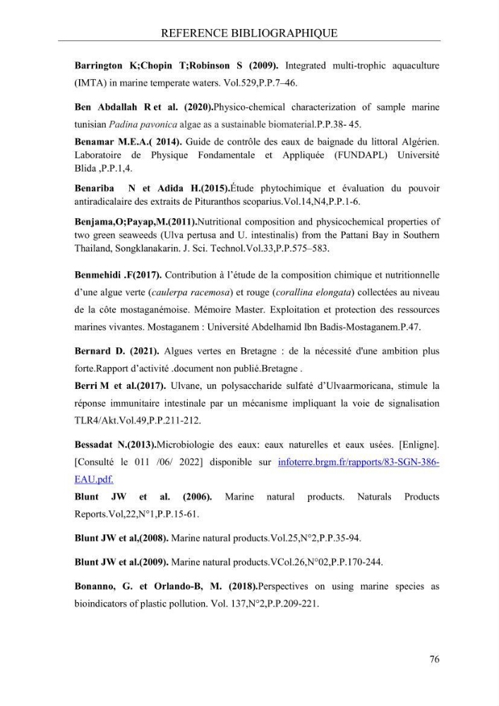 Etude de quelques paramètres physico-chimiques et ecotoxicologiques d\'une algue verte du genre Ulva du littoral Algérois