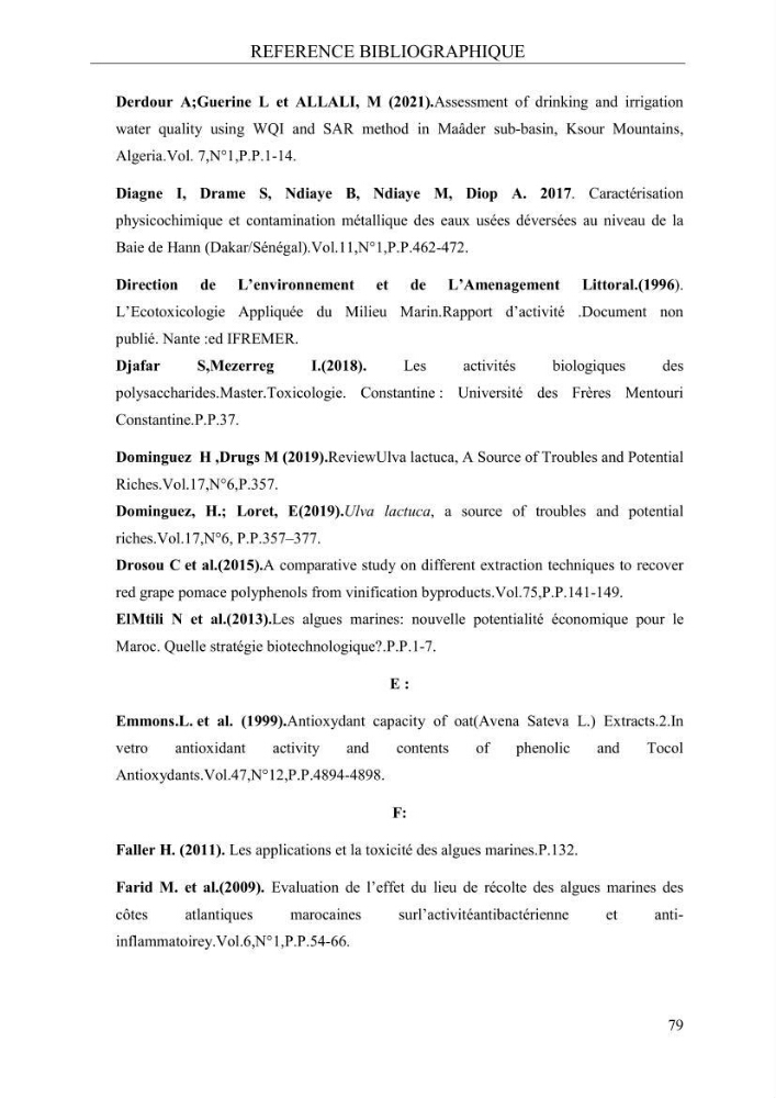 Etude de quelques paramètres physico-chimiques et ecotoxicologiques d\'une algue verte du genre Ulva du littoral Algérois