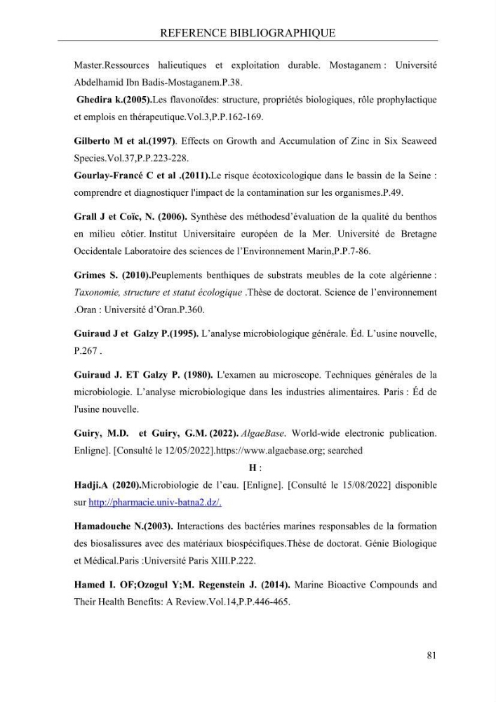 Etude de quelques paramètres physico-chimiques et ecotoxicologiques d\'une algue verte du genre Ulva du littoral Algérois