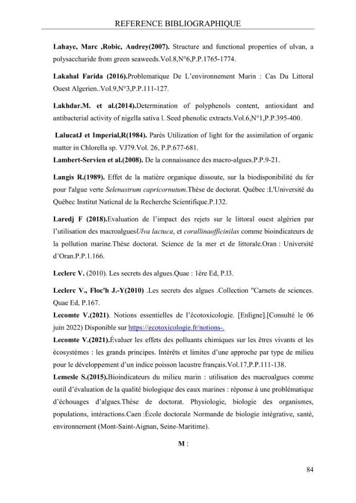 Etude de quelques paramètres physico-chimiques et ecotoxicologiques d\'une algue verte du genre Ulva du littoral Algérois