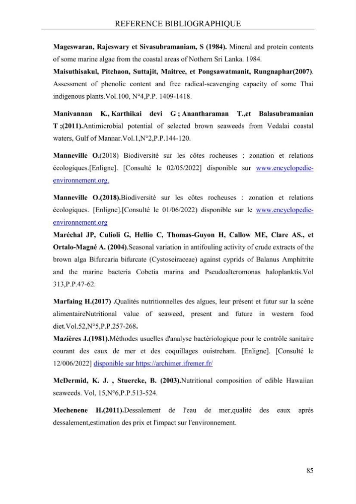Etude de quelques paramètres physico-chimiques et ecotoxicologiques d\'une algue verte du genre Ulva du littoral Algérois