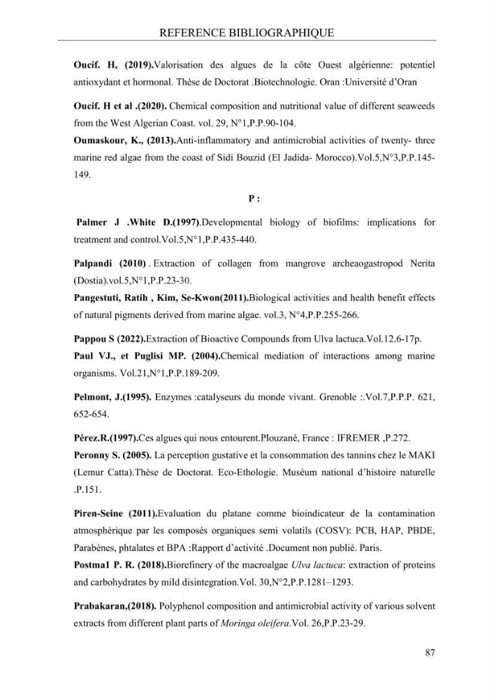 Etude de quelques paramètres physico-chimiques et ecotoxicologiques d\'une algue verte du genre Ulva du littoral Algérois