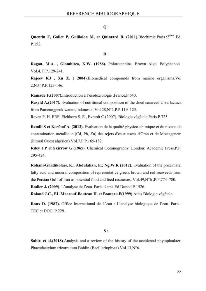 Etude de quelques paramètres physico-chimiques et ecotoxicologiques d\'une algue verte du genre Ulva du littoral Algérois