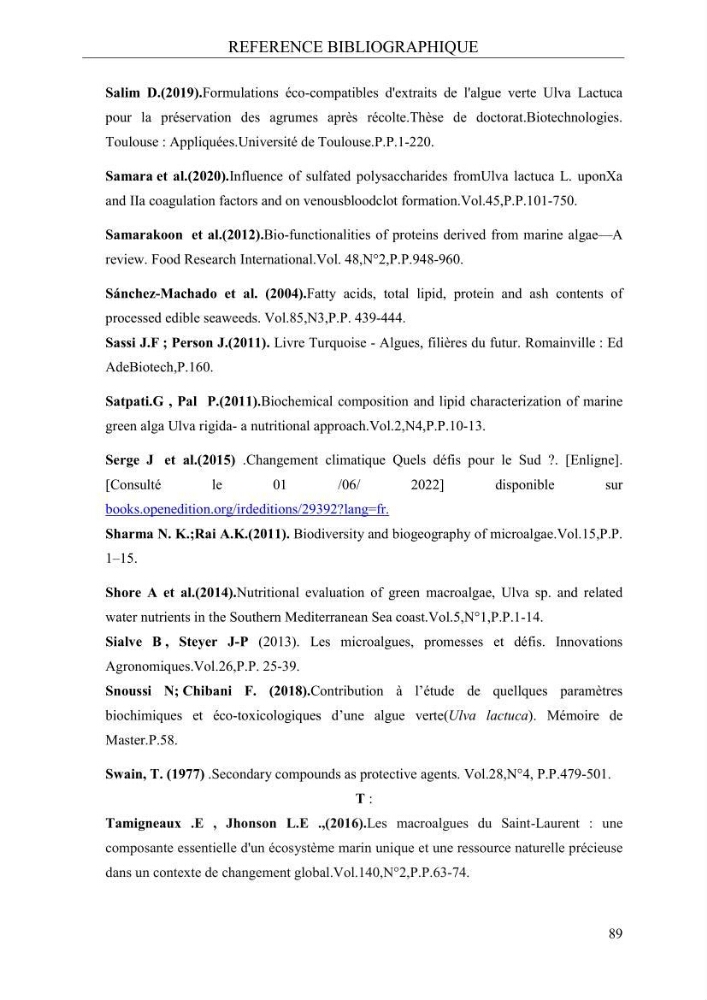 Etude de quelques paramètres physico-chimiques et ecotoxicologiques d\'une algue verte du genre Ulva du littoral Algérois