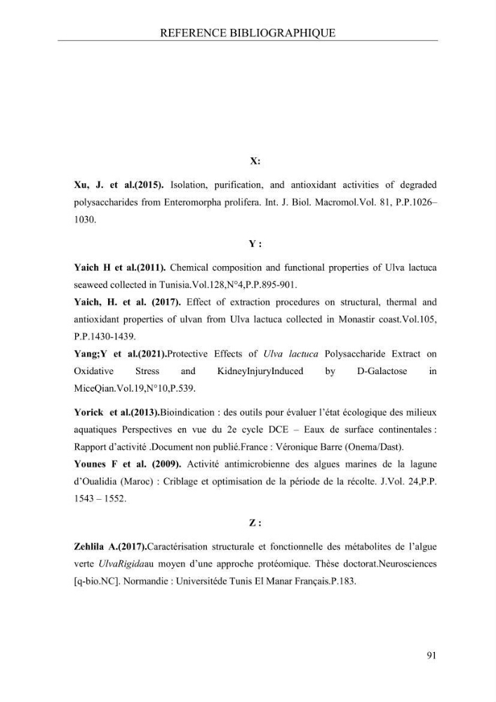 Etude de quelques paramètres physico-chimiques et ecotoxicologiques d\'une algue verte du genre Ulva du littoral Algérois