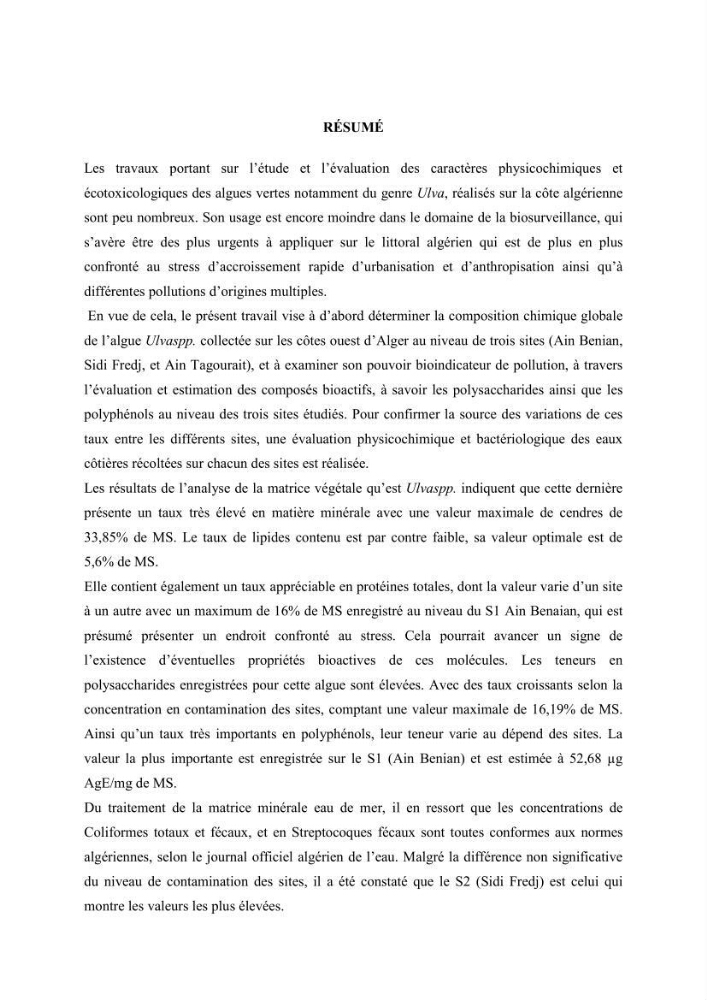 Etude de quelques paramètres physico-chimiques et ecotoxicologiques d\'une algue verte du genre Ulva du littoral Algérois