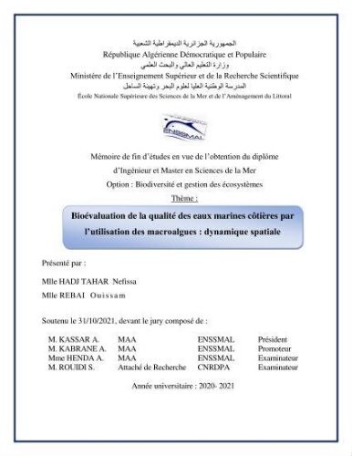 Bioévaluation de la qualité des eaux marines côtières par l'utilisation des macroalgues dynamique spatiale Bioévaluation de la qualité des eaux marines côtières par l'utilisation des macroalgues dynamique spatiale