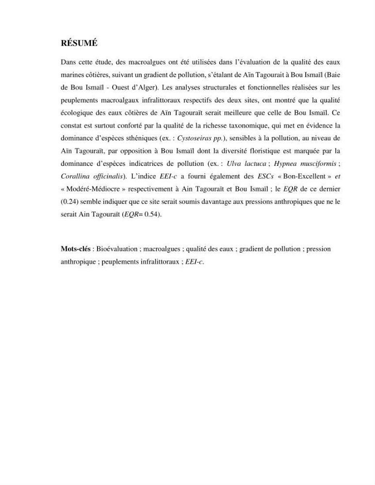 Bioévaluation de la qualité des eaux marines côtières par l\'utilisation des macroalgues dynamique spatiale