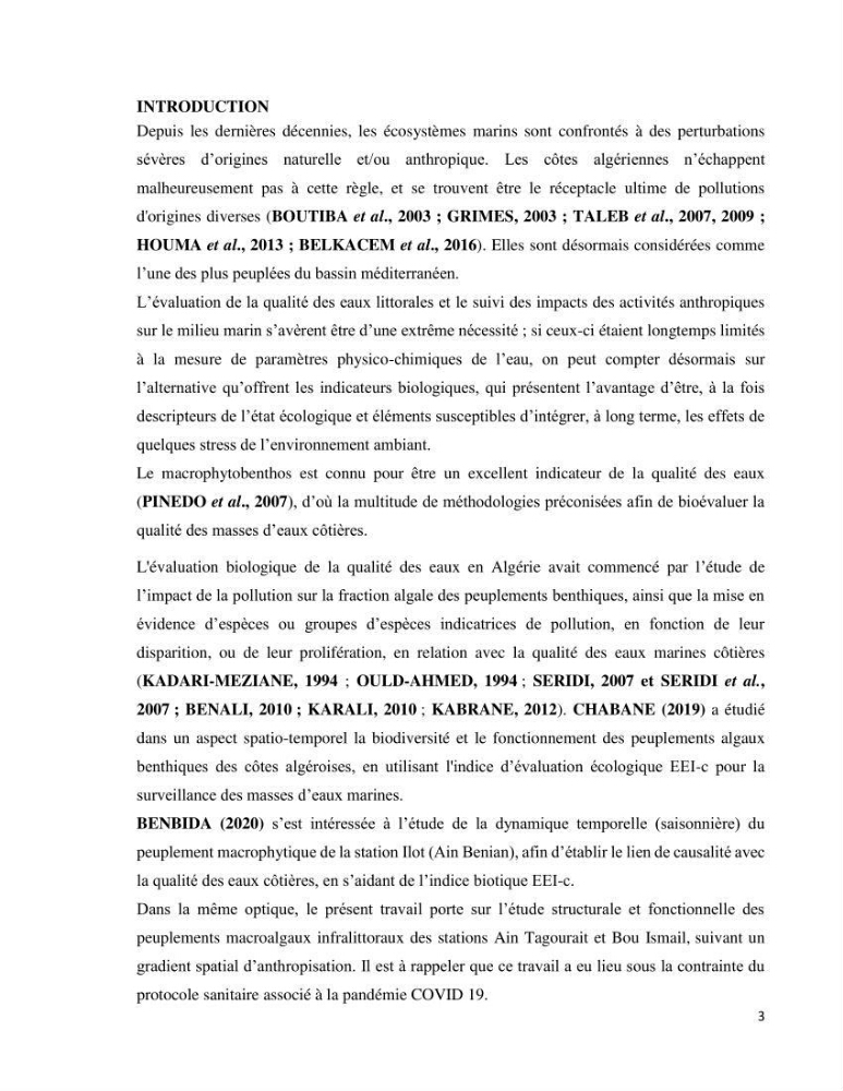 Bioévaluation de la qualité des eaux marines côtières par l\'utilisation des macroalgues dynamique spatiale
