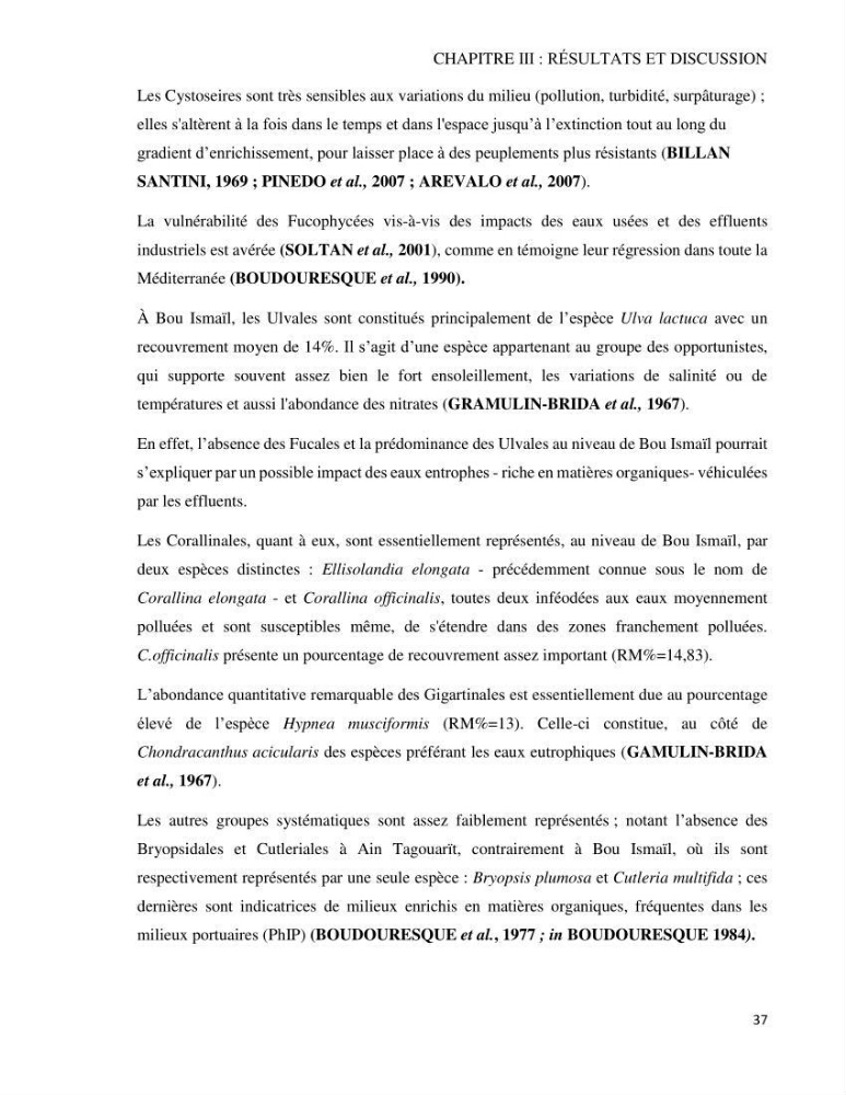 Bioévaluation de la qualité des eaux marines côtières par l\'utilisation des macroalgues dynamique spatiale