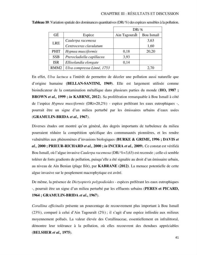 Bioévaluation de la qualité des eaux marines côtières par l\'utilisation des macroalgues dynamique spatiale