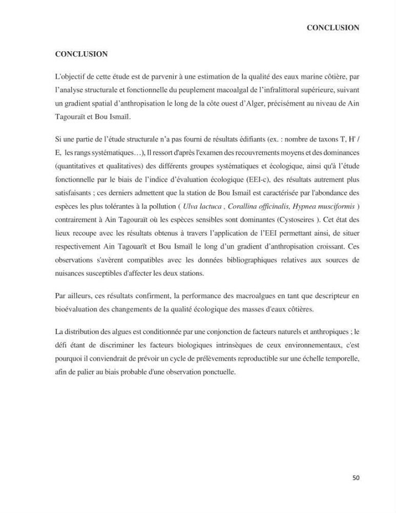 Bioévaluation de la qualité des eaux marines côtières par l\'utilisation des macroalgues dynamique spatiale