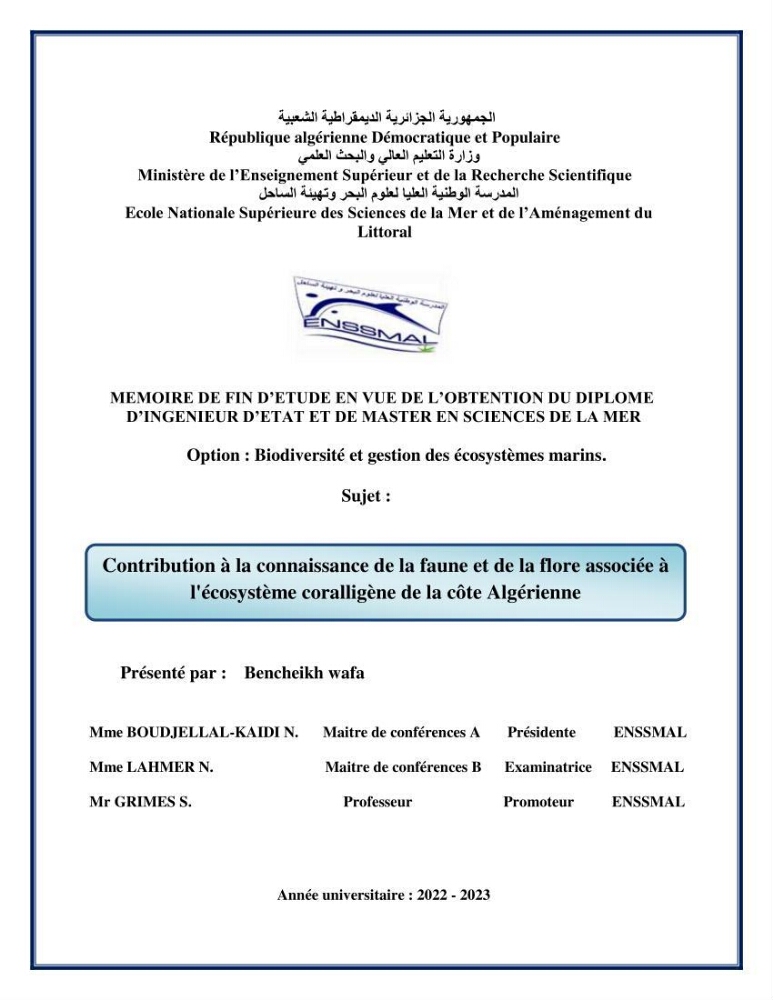 Contribution à la connaissance de la faune et de la flore associée à l\'écosystème coralligène de la côte Algérienne