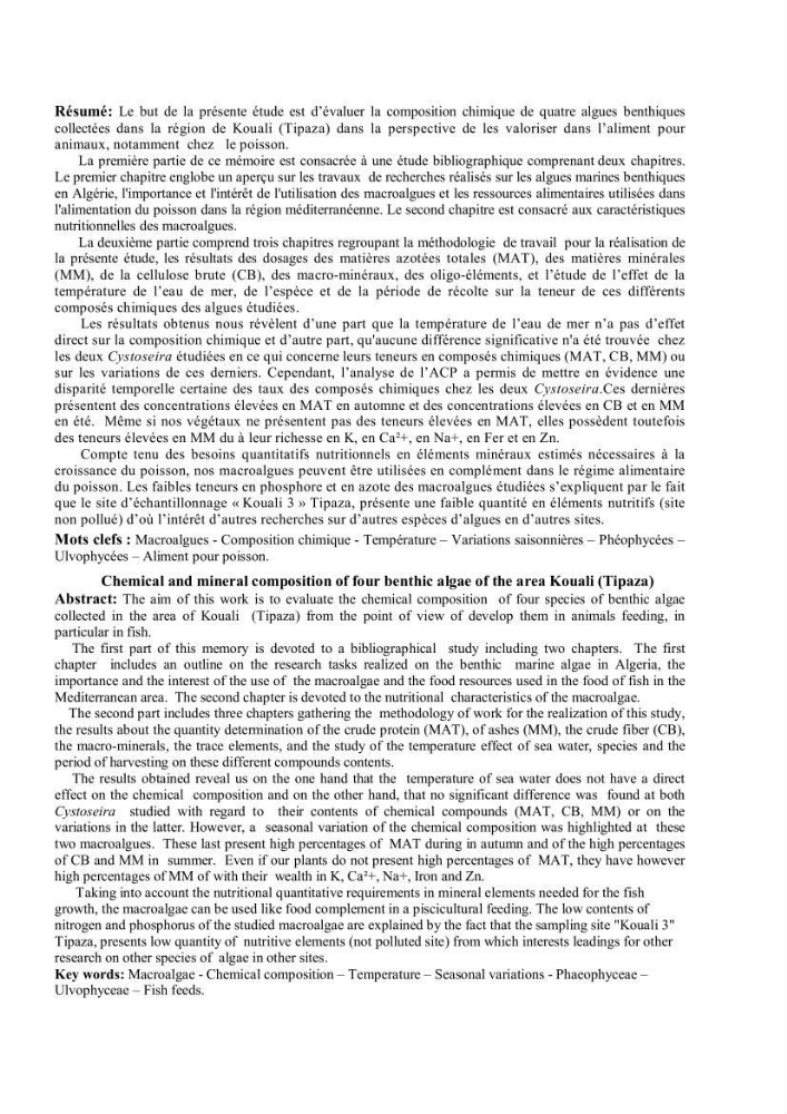 Composition chimique et minérale de quatre algues benthiques de la région de Kouali (Tipaza)