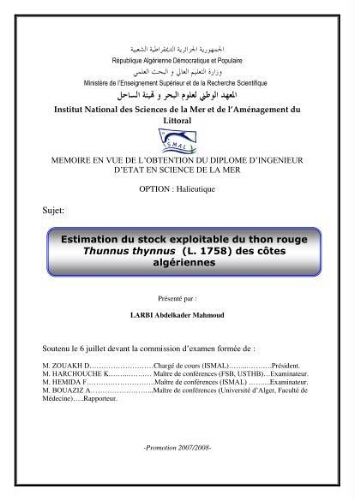 Estimation du stock exploitable du thon rouge Thunnus thynnus (L.1758) des côtes algériennes.: Estimation du stock exploitable du thon rouge Thunnus thynnus (L.1758) des côtes algériennes.: