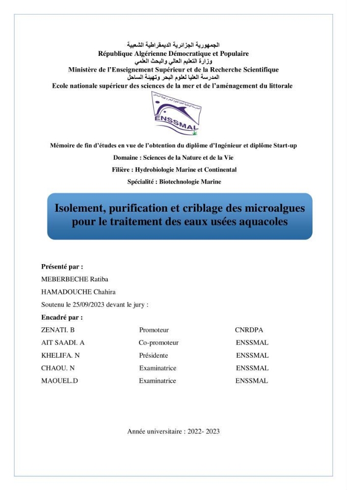 Isolement, purification et criblage des microalgues pour le traitement des eaux usées aquacoles