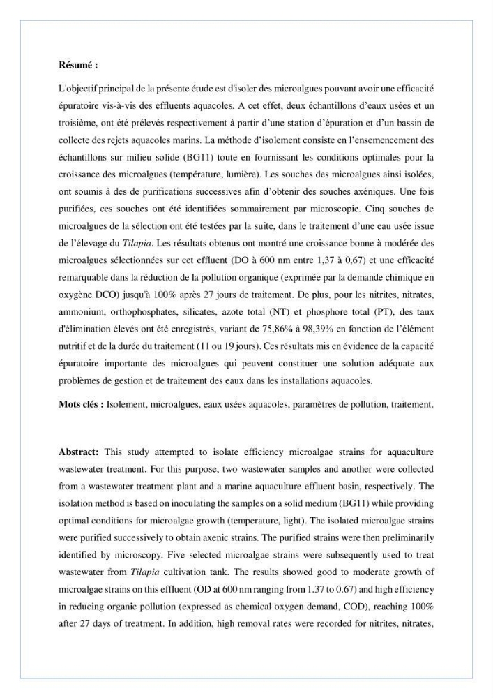 Isolement, purification et criblage des microalgues pour le traitement des eaux usées aquacoles