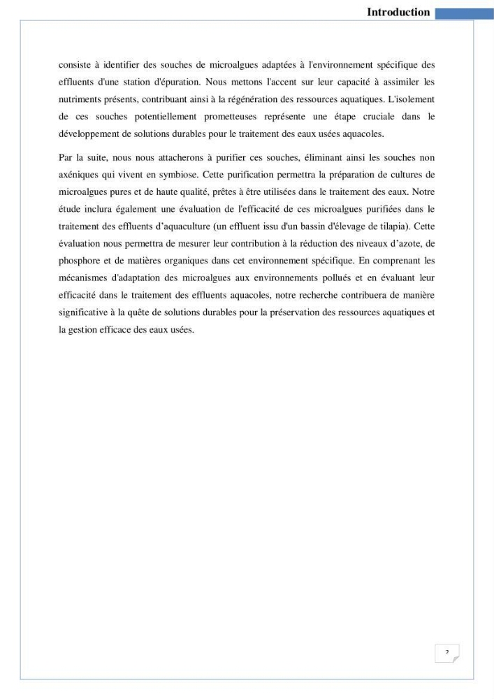 Isolement, purification et criblage des microalgues pour le traitement des eaux usées aquacoles