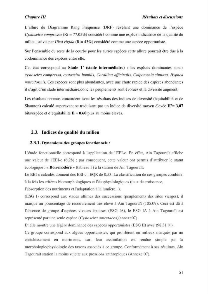 Contribution à l\'étude du peuplement algal de substart dur dans la région de Tipaza