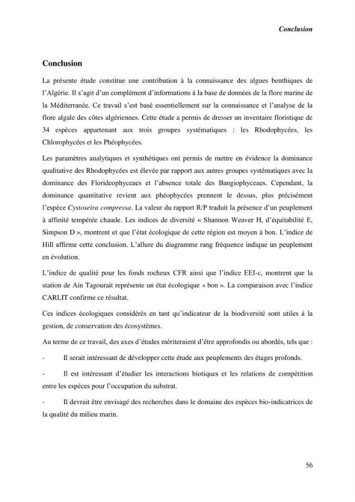 Contribution à l\'étude du peuplement algal de substart dur dans la région de Tipaza