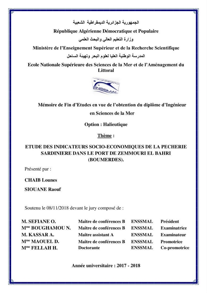 Etude des indicateurs socio-economiques de la pecherie sardinière dans le port de Zemmouri El Bahri (Boumerdes)