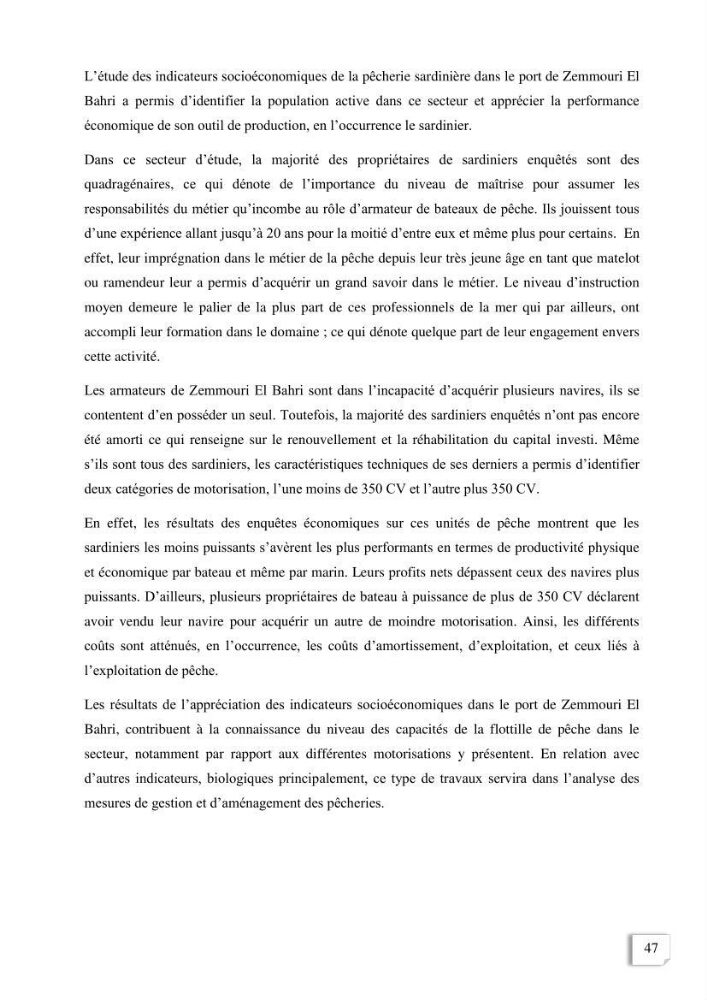Etude des indicateurs socio-economiques de la pecherie sardinière dans le port de Zemmouri El Bahri (Boumerdes)