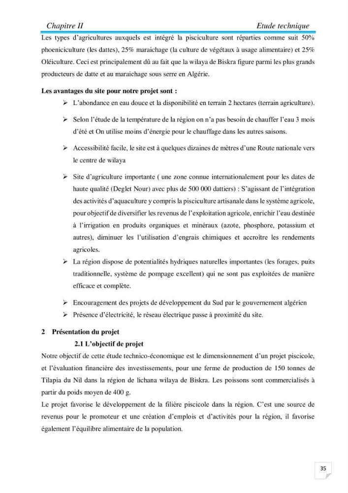Contribution à la conception d’une ferme d\'élevage De tilapia du Nil (Oreochromis niloticus) en système bio-floc.: