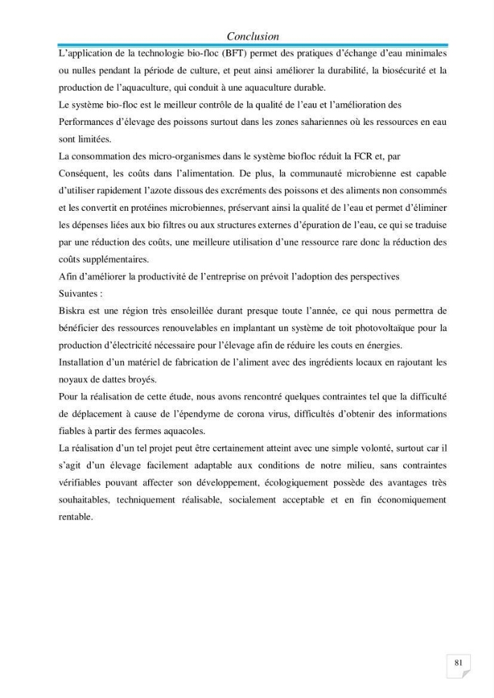 Contribution à la conception d’une ferme d\'élevage De tilapia du Nil (Oreochromis niloticus) en système bio-floc.: