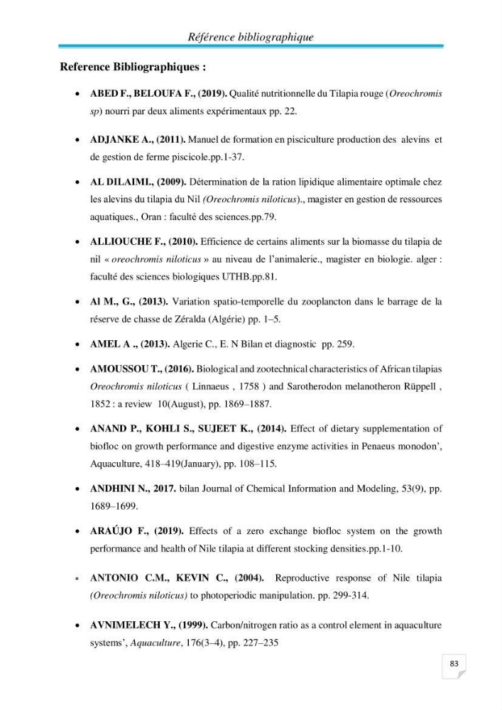 Contribution à la conception d’une ferme d\'élevage De tilapia du Nil (Oreochromis niloticus) en système bio-floc.: