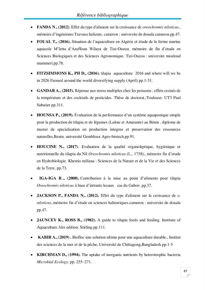 Contribution à la conception d’une ferme d\'élevage De tilapia du Nil (Oreochromis niloticus) en système bio-floc.:
