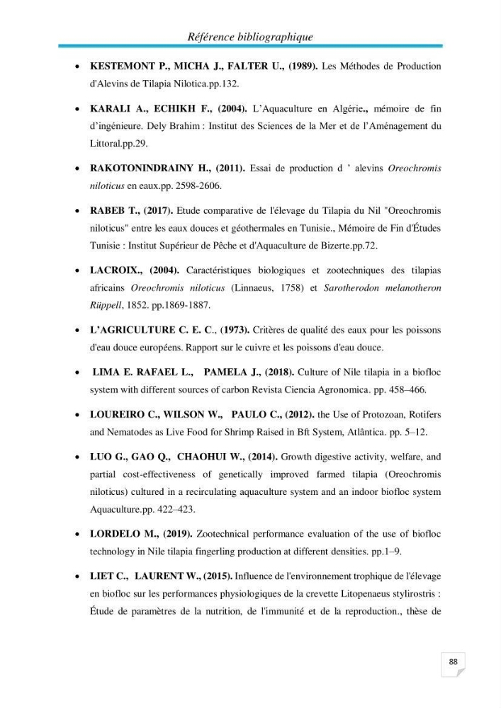 Contribution à la conception d’une ferme d\'élevage De tilapia du Nil (Oreochromis niloticus) en système bio-floc.: