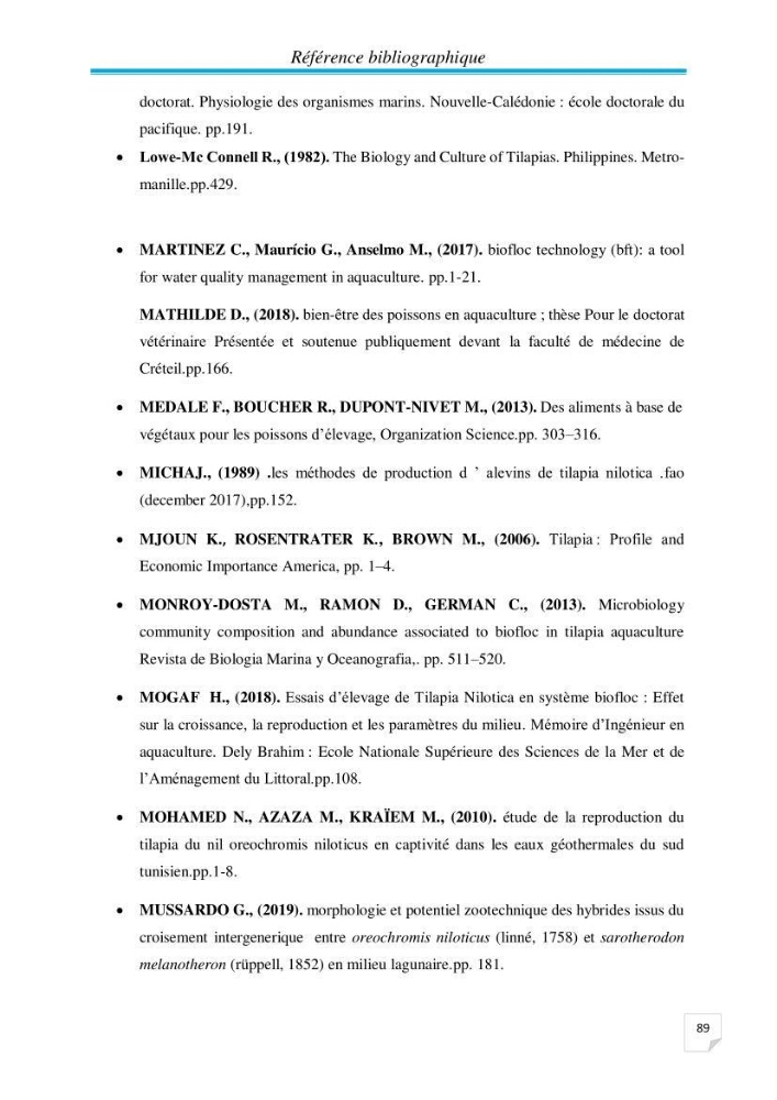 Contribution à la conception d’une ferme d\'élevage De tilapia du Nil (Oreochromis niloticus) en système bio-floc.: