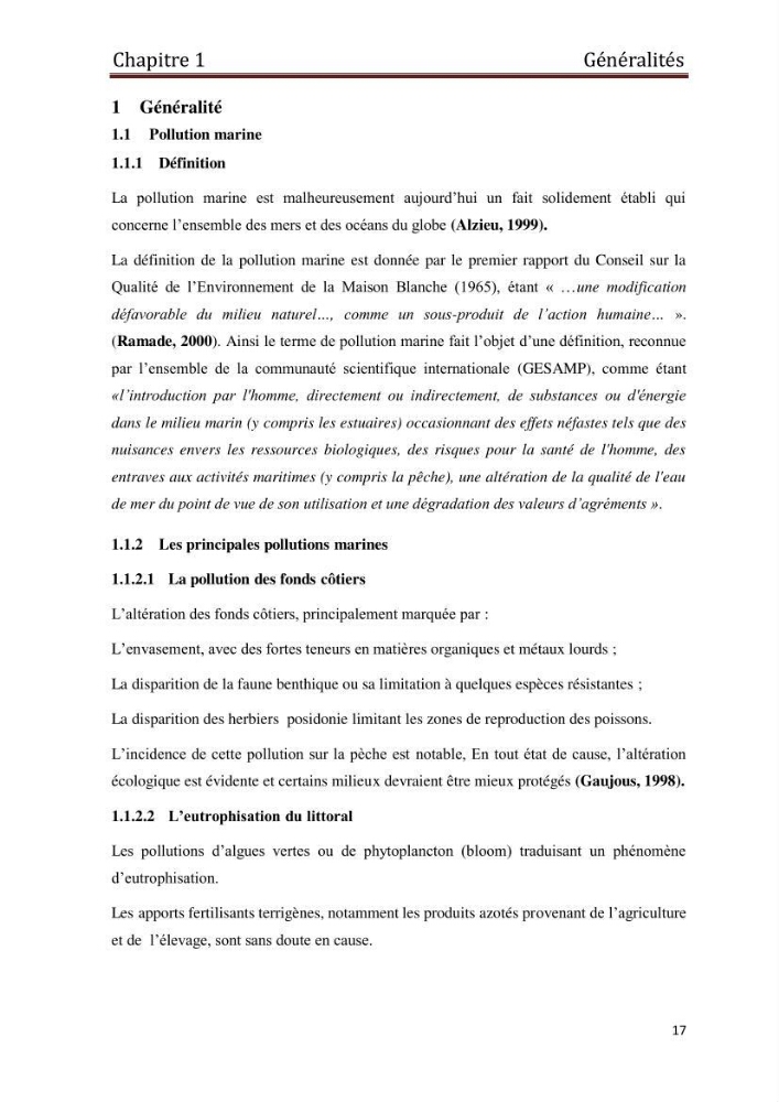 Les paramètres physico-chimiques et les sels nutritifs dans les eaux côtières Algéroises ( Baie d\'Alger, la baie de Bou-Ismail: