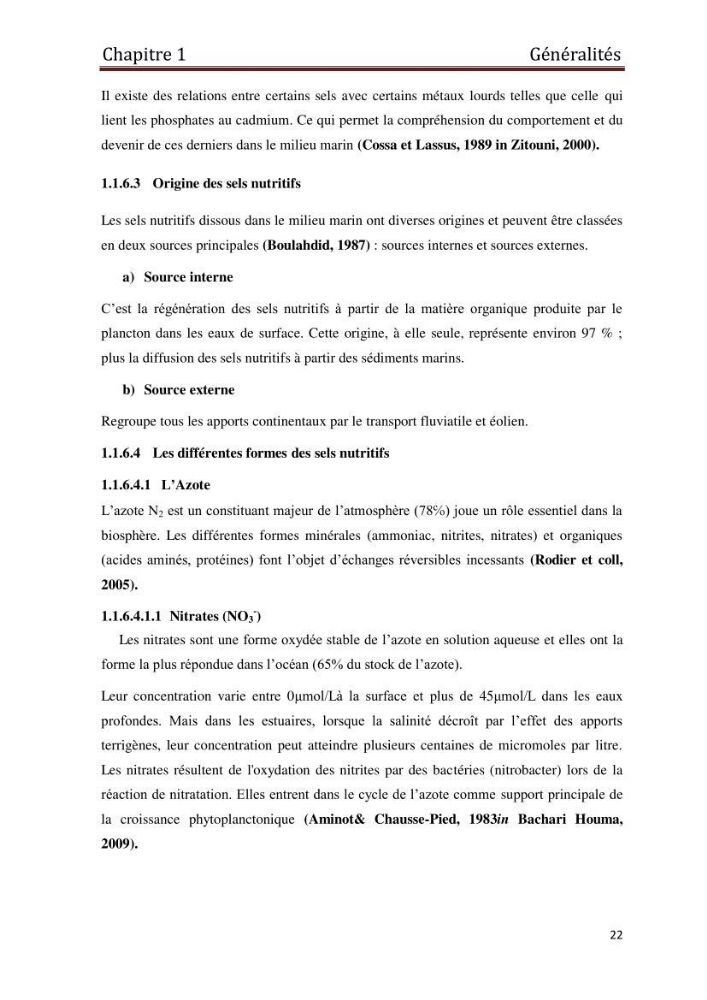 Les paramètres physico-chimiques et les sels nutritifs dans les eaux côtières Algéroises ( Baie d\'Alger, la baie de Bou-Ismail: