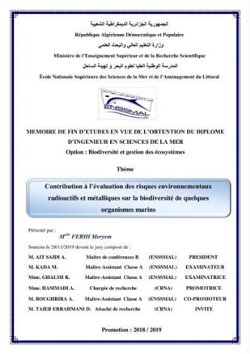 Contribution à l’évaluation des risques environnementaux radioactifs et métalliques sur la biodiversité de quelques organismes marins Contribution à l’évaluation des risques environnementaux radioactifs et métalliques sur la biodiversité de quelques organismes marins