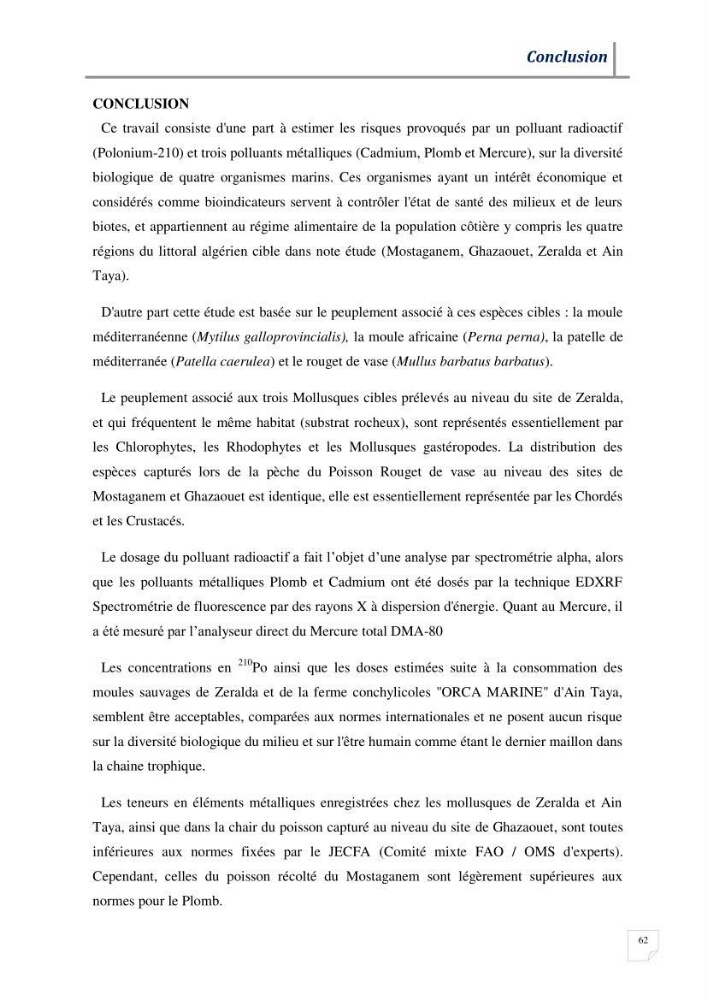 Contribution à l’évaluation des risques environnementaux radioactifs et métalliques sur la biodiversité de quelques organismes marins