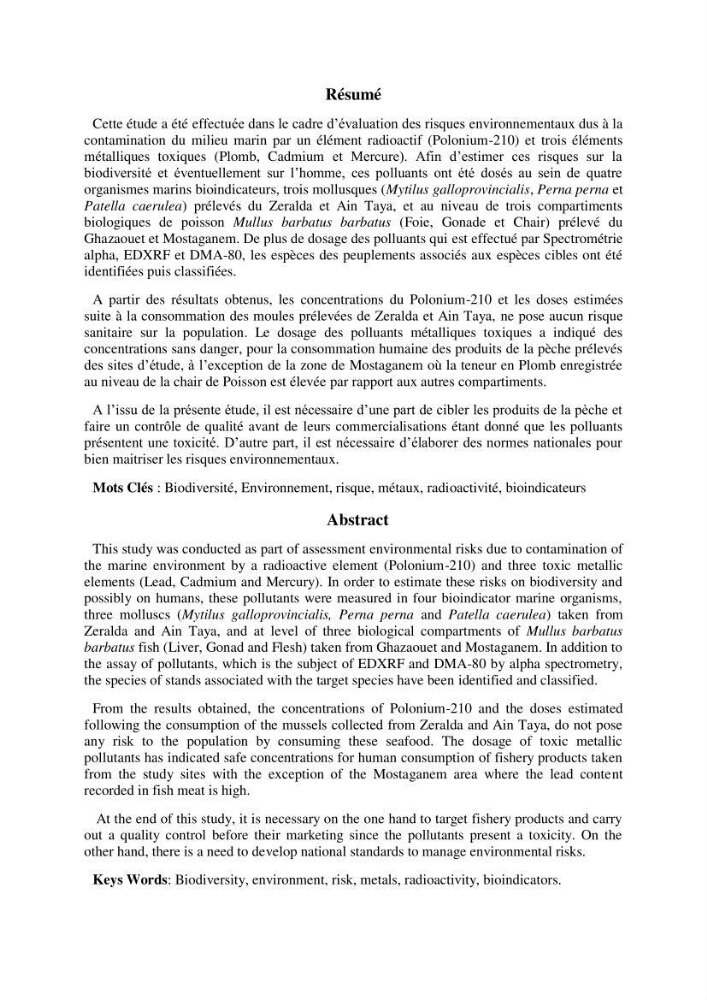 Contribution à l’évaluation des risques environnementaux radioactifs et métalliques sur la biodiversité de quelques organismes marins