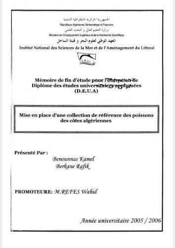 Mise en place d'une collection de référence des poissons des côtes Algériennes: Mise en place d'une collection de référence des poissons des côtes Algériennes: