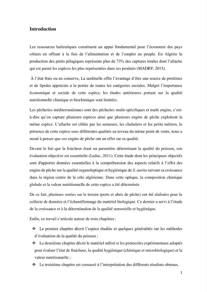 Effet des engins de pêche sur la qualité organoleptique et hygiénique de l\'allache Sardeinella aurita Valenciennes,1847 de la région centre de la côte Algérienne