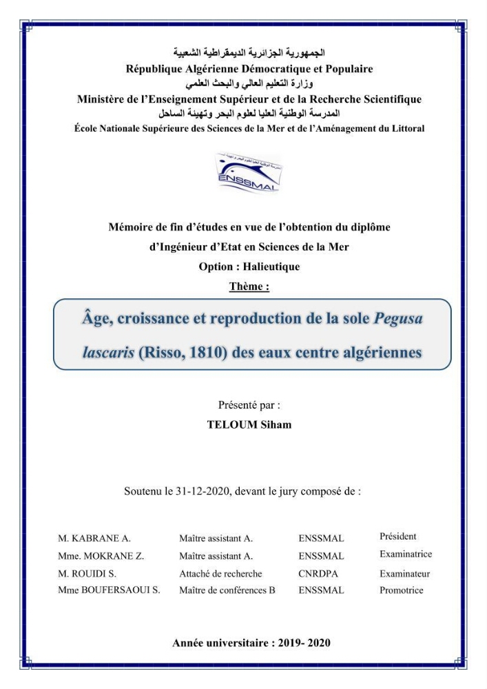 Age, croissance et reproduction de la sole Pegusa lascaris (Risso, 1810) des eaux centre algériennes