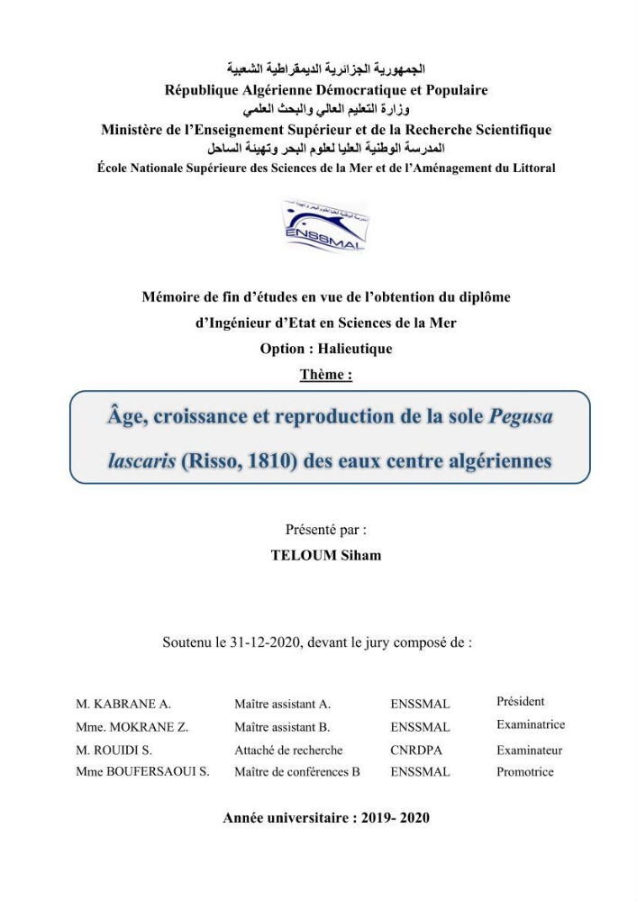 Age, croissance et reproduction de la sole Pegusa lascaris (Risso, 1810) des eaux centre algériennes