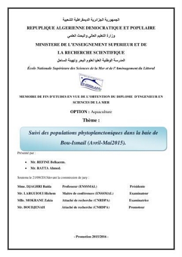 Suivi des populations phytoplanctoniquedans la baie de Bou-Ismail (Avril-Mai 2015).: Suivi des populations phytoplanctoniquedans la baie de Bou-Ismail (Avril-Mai 2015).: